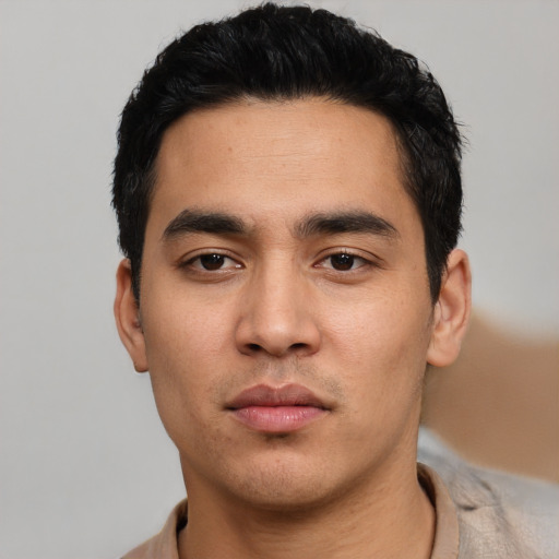 Neutral asian young-adult male with short  black hair and brown eyes