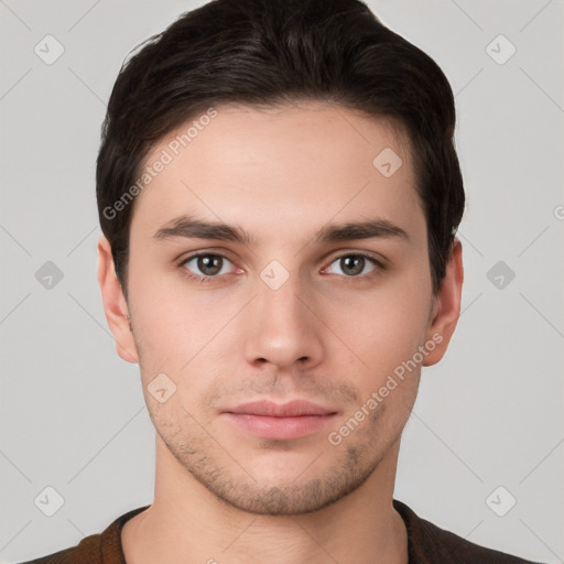 Neutral white young-adult male with short  brown hair and brown eyes