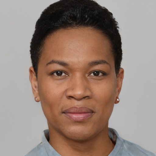 Joyful black young-adult female with short  black hair and brown eyes