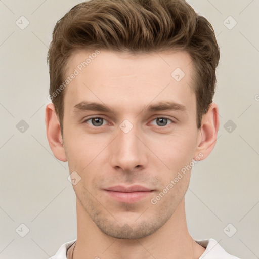 Neutral white young-adult male with short  brown hair and grey eyes