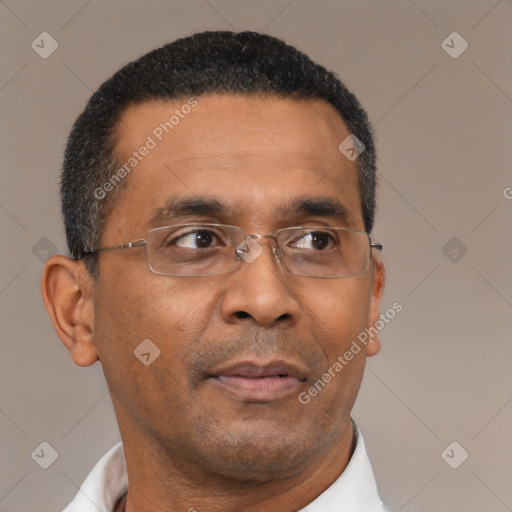 Neutral black adult male with short  black hair and brown eyes