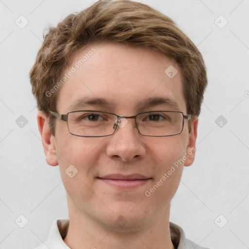 Joyful white adult male with short  brown hair and grey eyes