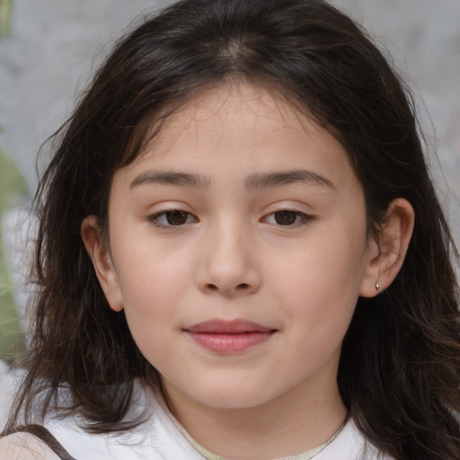Joyful white child female with medium  brown hair and brown eyes