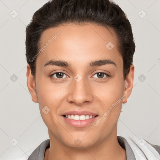 Joyful white young-adult female with short  brown hair and brown eyes