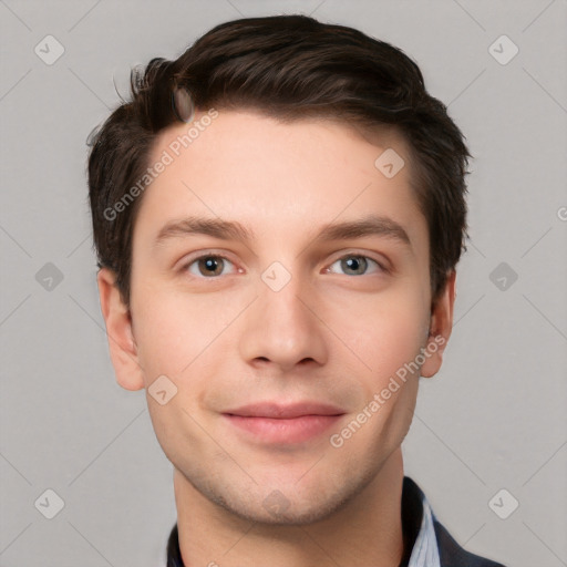 Neutral white young-adult male with short  brown hair and grey eyes