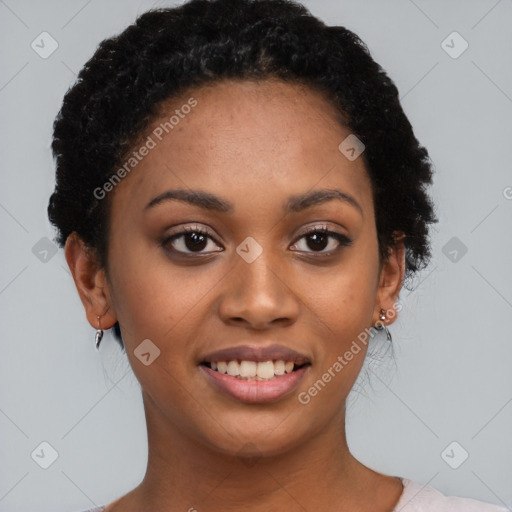 Joyful latino young-adult female with short  black hair and brown eyes