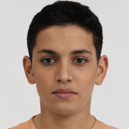 Neutral latino young-adult male with short  brown hair and brown eyes