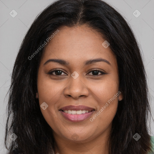 Joyful latino young-adult female with long  brown hair and brown eyes