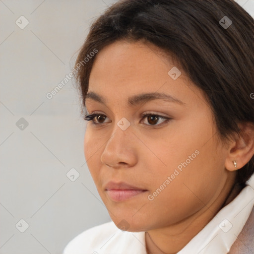 Neutral white young-adult female with short  brown hair and brown eyes