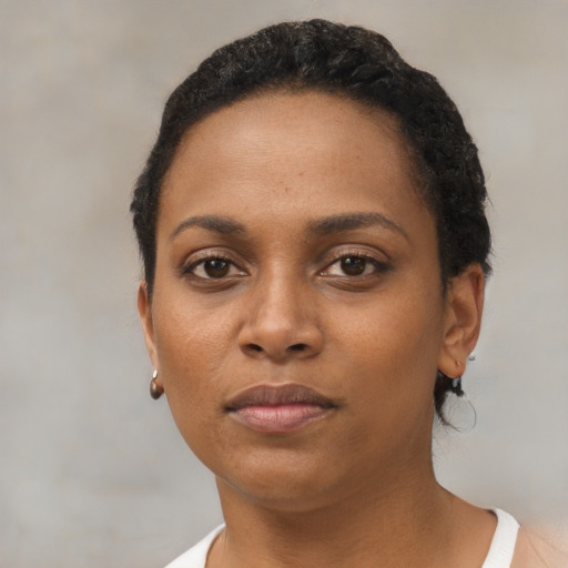 Neutral black young-adult female with short  brown hair and brown eyes