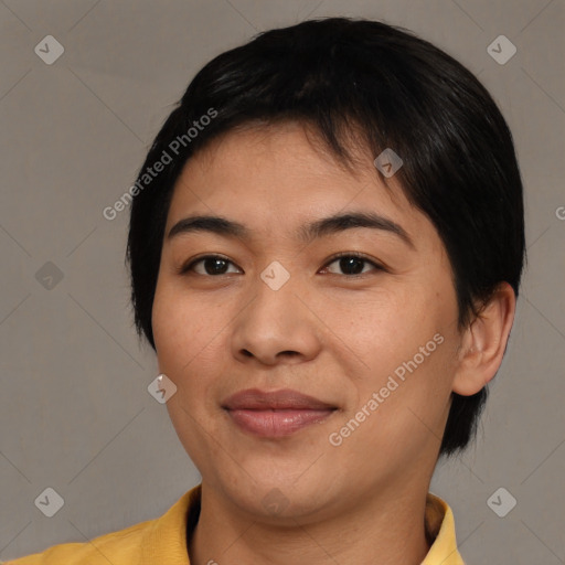 Joyful asian young-adult female with medium  brown hair and brown eyes