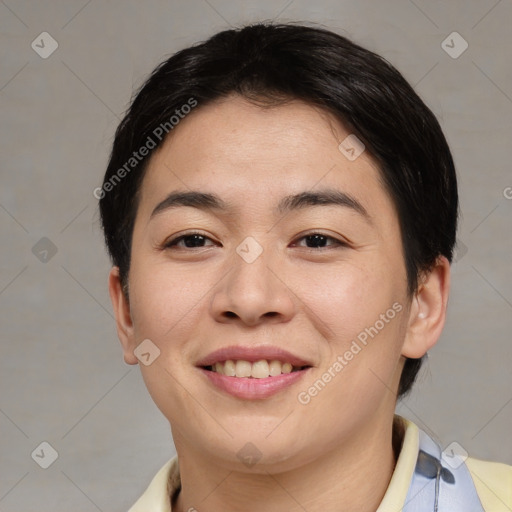 Joyful asian young-adult female with short  brown hair and brown eyes