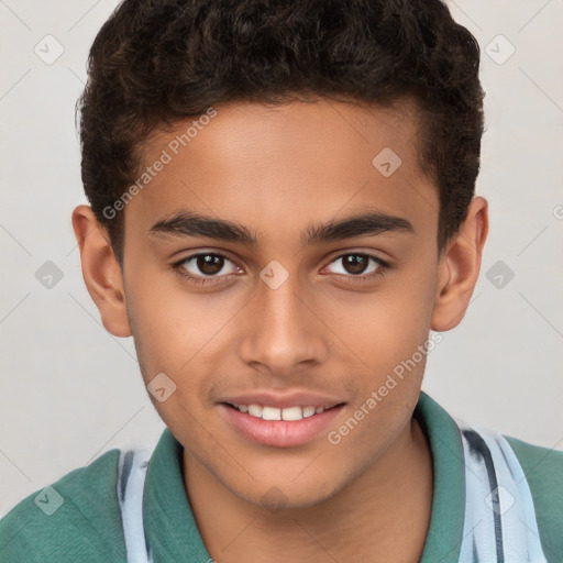 Joyful white child male with short  brown hair and brown eyes