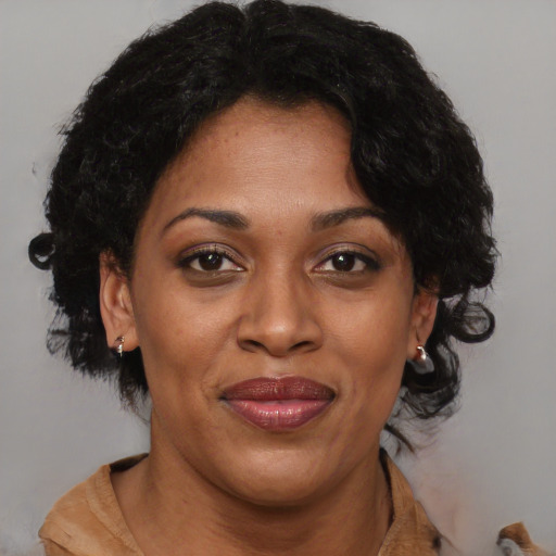 Joyful black adult female with short  brown hair and brown eyes
