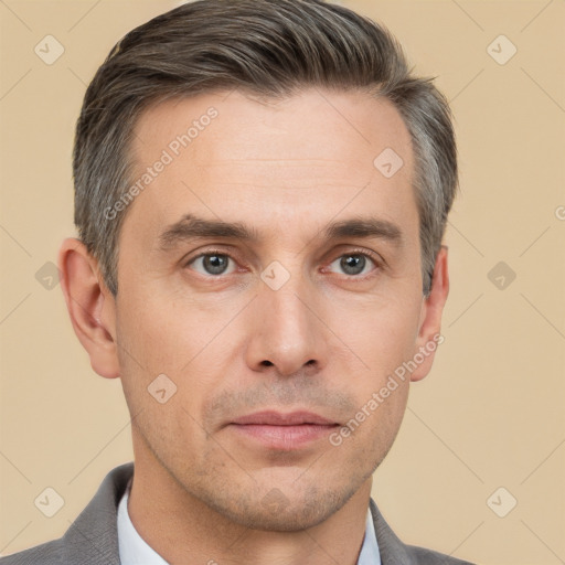 Neutral white adult male with short  brown hair and brown eyes