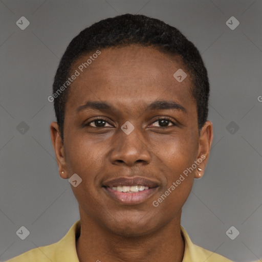 Joyful black young-adult male with short  brown hair and brown eyes