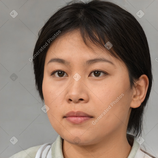 Neutral asian young-adult female with medium  brown hair and brown eyes