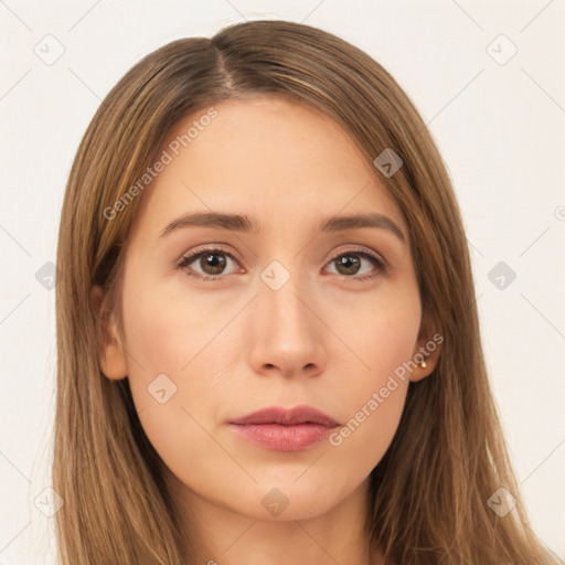 Neutral white young-adult female with long  brown hair and brown eyes