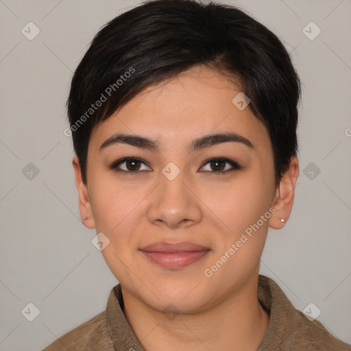 Joyful asian young-adult female with short  brown hair and brown eyes