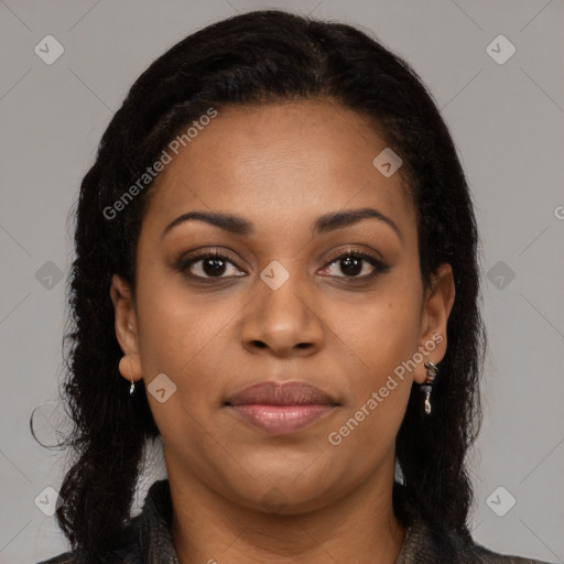Joyful latino young-adult female with long  brown hair and brown eyes
