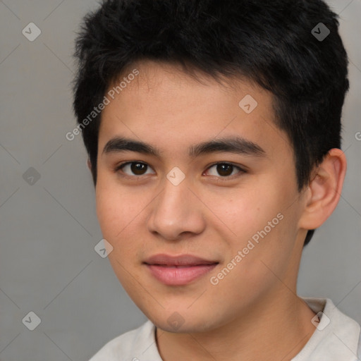 Joyful white young-adult male with short  black hair and brown eyes