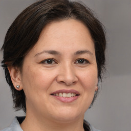 Joyful white adult female with medium  brown hair and brown eyes