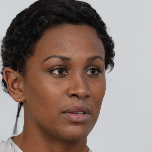 Neutral black young-adult female with short  brown hair and brown eyes