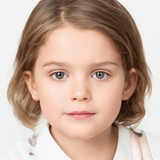 Neutral white child female with medium  brown hair and blue eyes