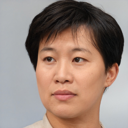 Joyful asian adult female with short  brown hair and brown eyes