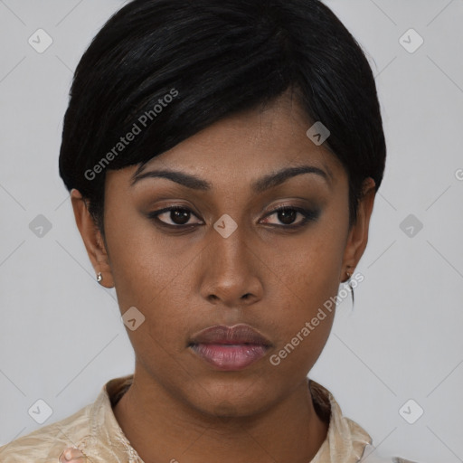 Neutral asian young-adult female with short  black hair and brown eyes