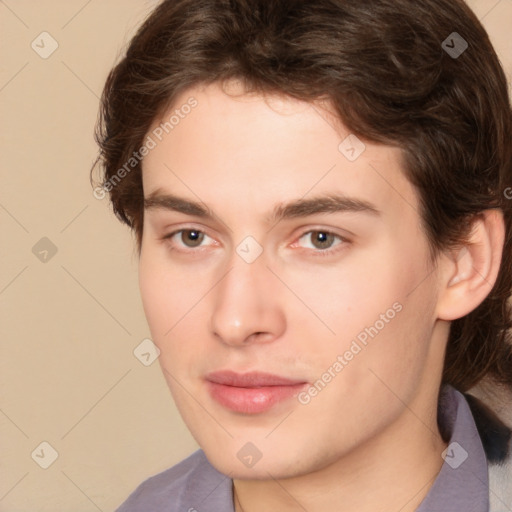 Joyful white young-adult male with medium  brown hair and brown eyes