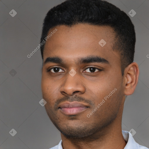 Neutral black young-adult male with short  black hair and brown eyes