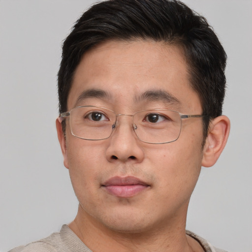 Neutral asian adult male with short  brown hair and brown eyes