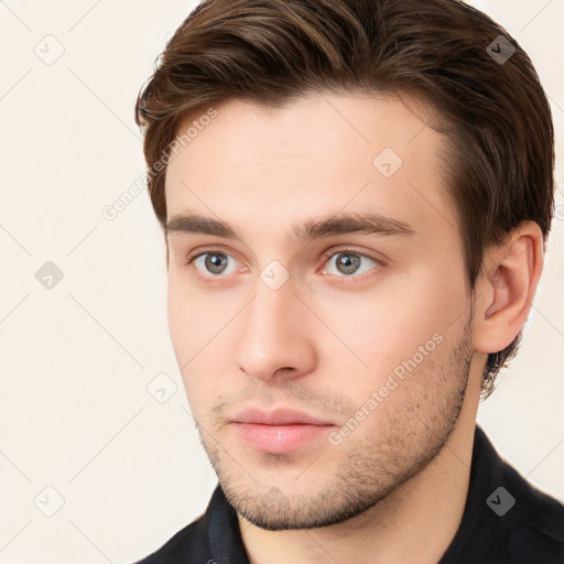 Neutral white young-adult male with short  brown hair and brown eyes