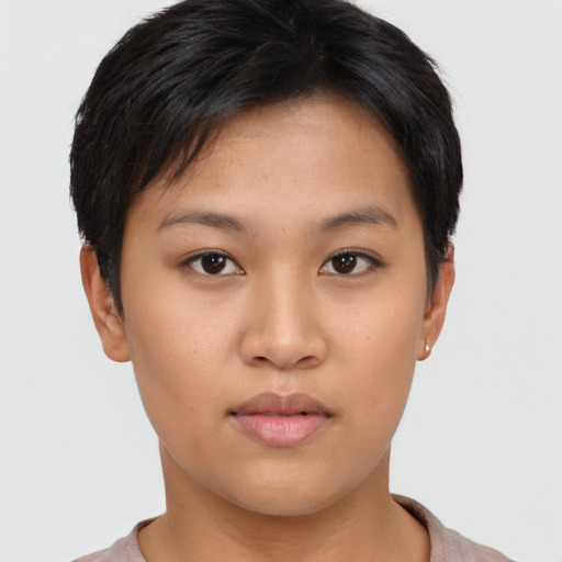 Neutral asian young-adult female with short  black hair and brown eyes