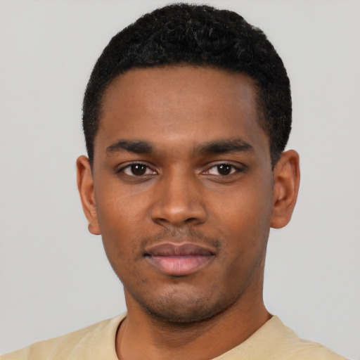 Neutral black young-adult male with short  black hair and brown eyes