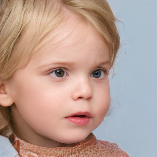 Neutral white child female with medium  brown hair and blue eyes