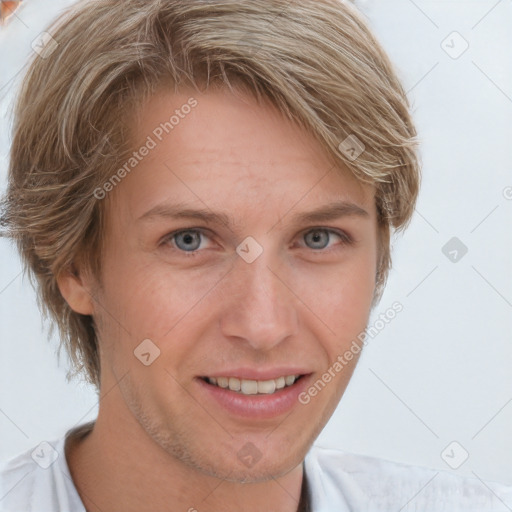 Joyful white adult female with short  brown hair and grey eyes