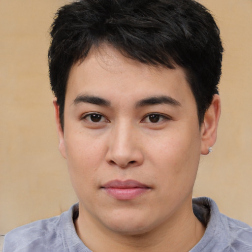 Neutral asian young-adult male with short  black hair and brown eyes