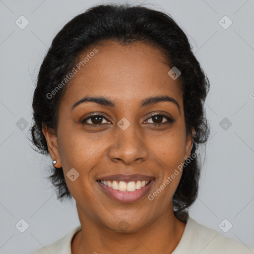 Joyful black young-adult female with medium  black hair and brown eyes