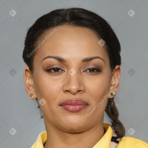 Joyful latino young-adult female with medium  brown hair and brown eyes