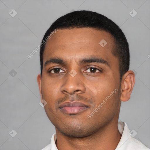 Neutral latino young-adult male with short  black hair and brown eyes