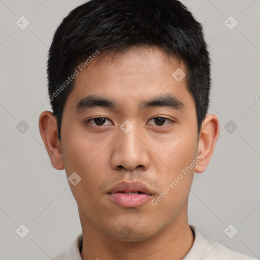 Neutral asian young-adult male with short  brown hair and brown eyes