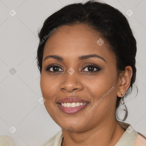 Joyful black young-adult female with medium  brown hair and brown eyes