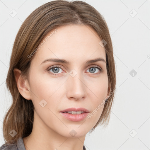 Neutral white young-adult female with medium  brown hair and grey eyes