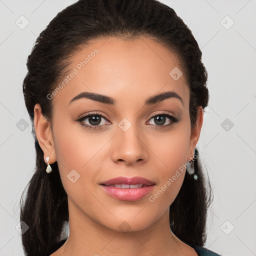 Joyful white young-adult female with long  brown hair and brown eyes