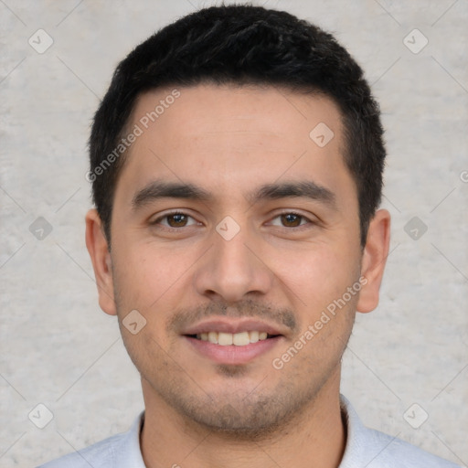 Joyful white young-adult male with short  black hair and brown eyes