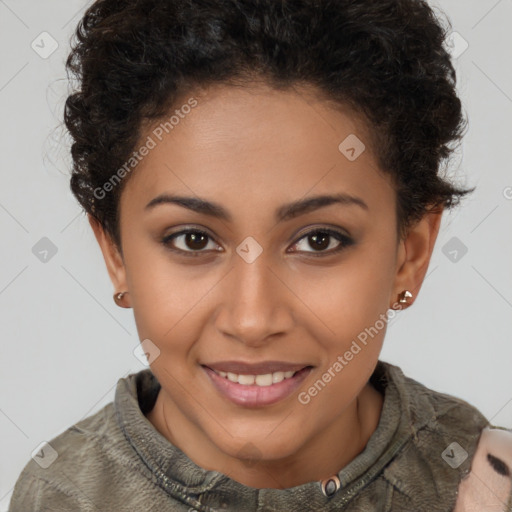 Joyful latino young-adult female with short  brown hair and brown eyes