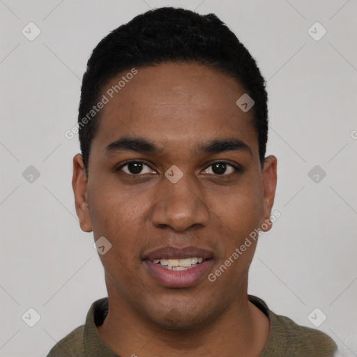 Joyful black young-adult male with short  black hair and brown eyes