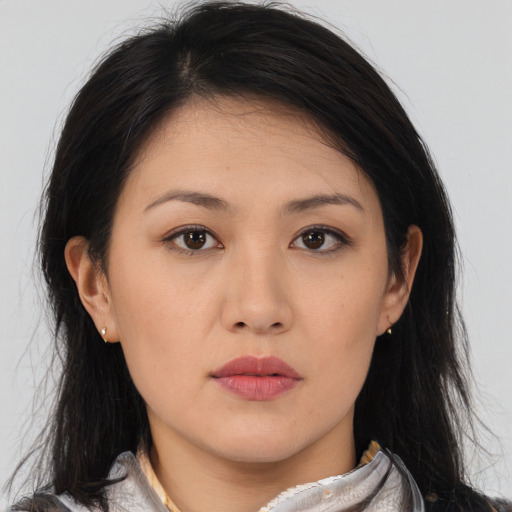 Neutral asian young-adult female with medium  brown hair and brown eyes